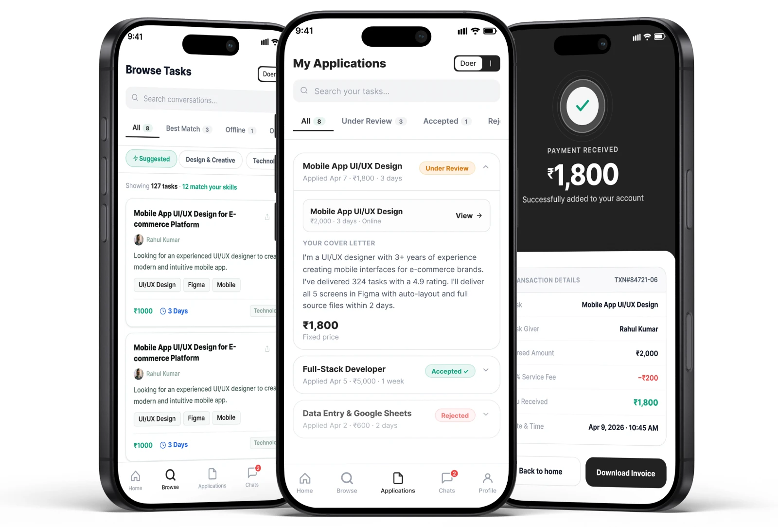 Task doer flow across three screens: browse tasks, track applications, and get paid